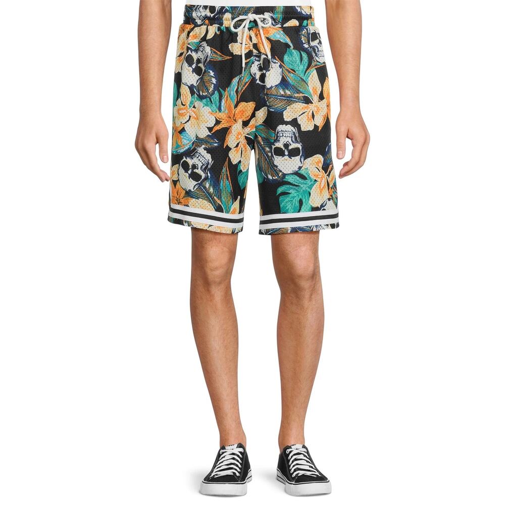 Men's No Boundaries Skulls and Flowers Mesh Printed Jersey Shorts